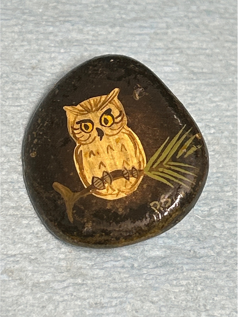 Vintage Hand Painted Rock Owl Brooch Pin Folk Art